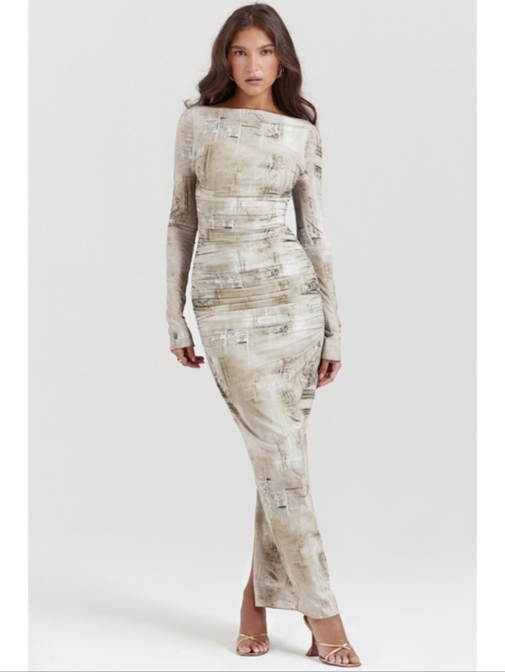House of CB Neutral Taupe Printed Off-Shoulder Maxi Dress